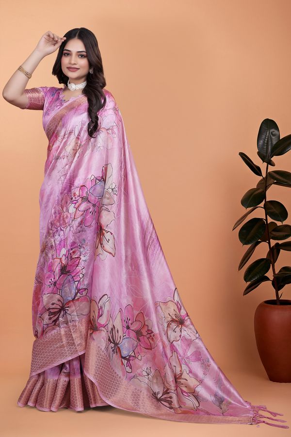 Buy Rose Pink Floral Linen Cotton Blend Saree