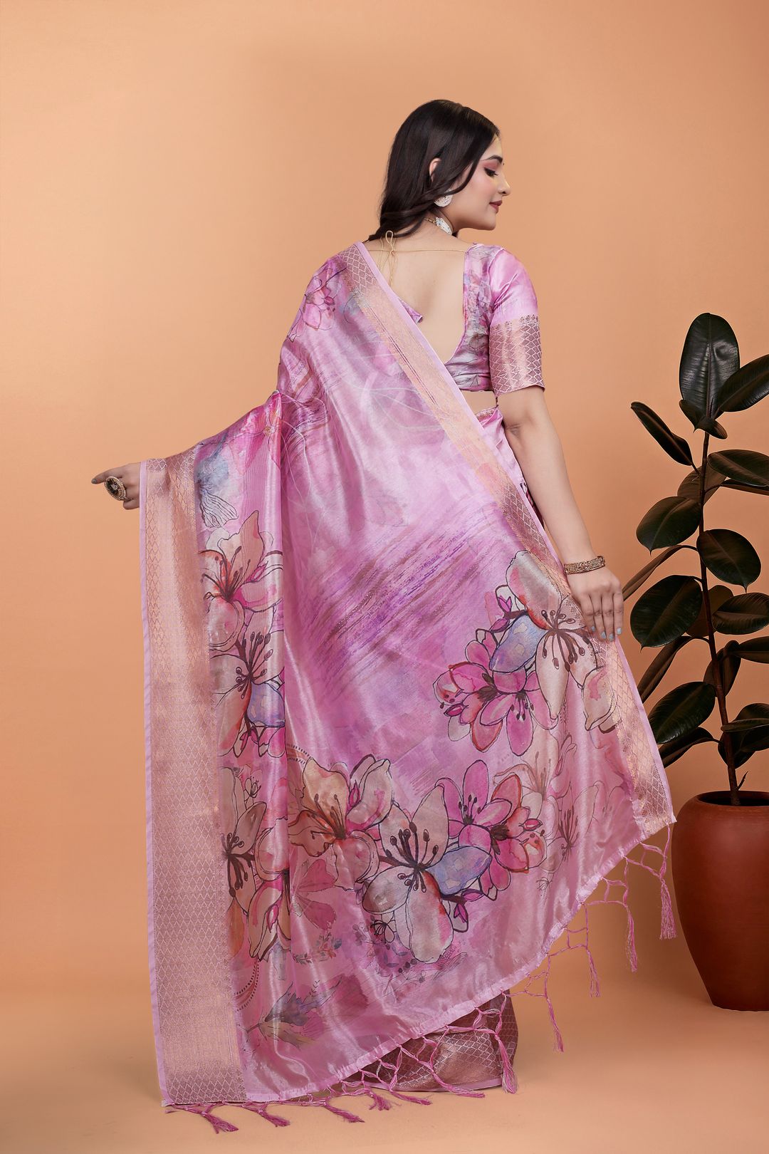 Buy Rose Pink Floral Linen Cotton Blend Saree