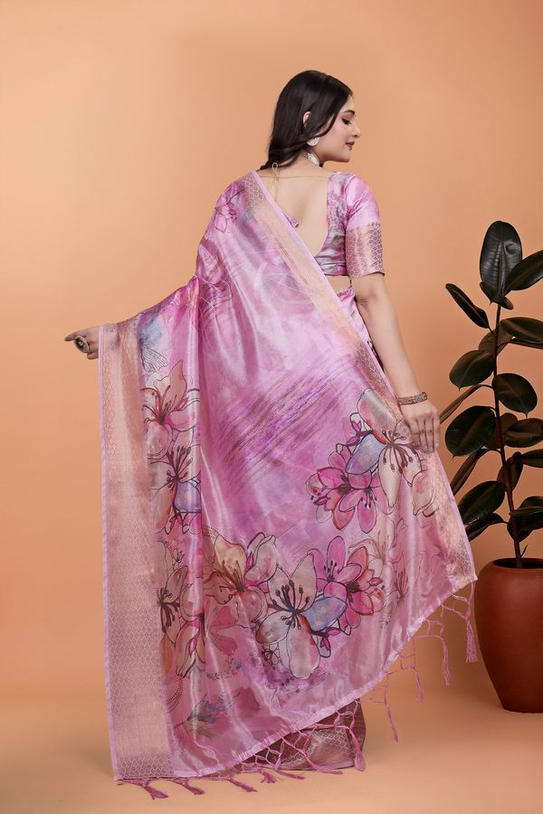 Buy Rose Pink Floral Linen Cotton Blend Saree