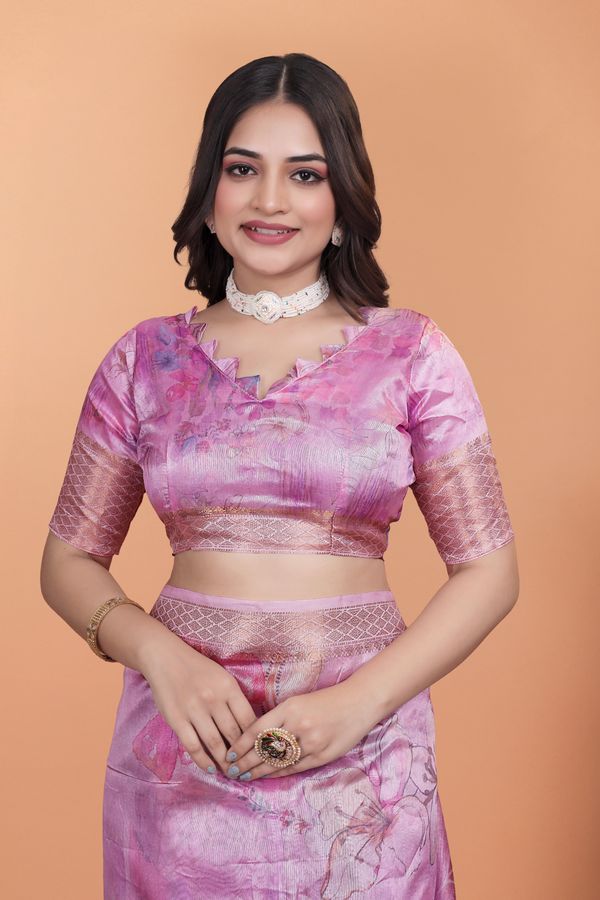 Buy Rose Pink Floral Linen Cotton Blend Saree