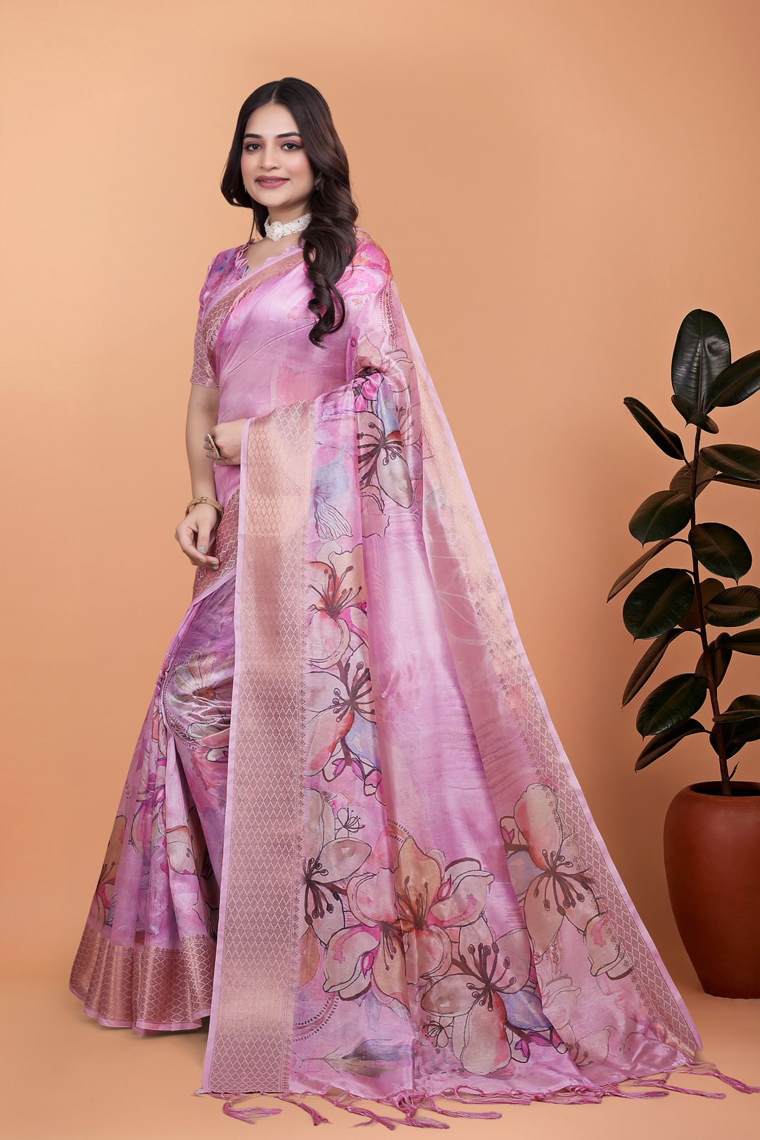 Buy Rose Pink Floral Linen Cotton Blend Saree