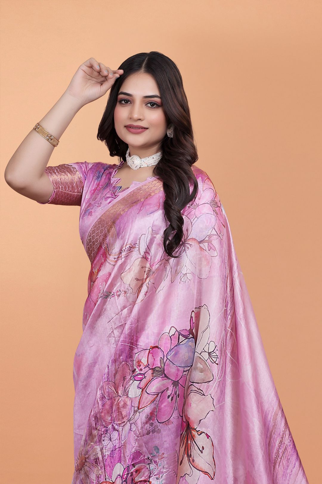 Buy Rose Pink Floral Linen Cotton Blend Saree