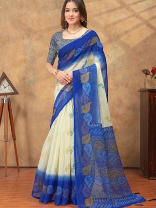 Blue Printed Satin Saree With Unstitched Blouse Online