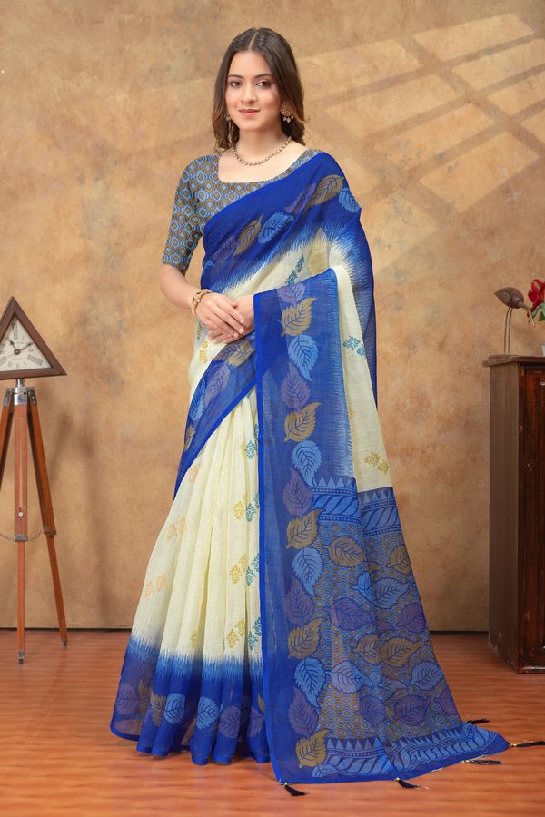 Blue Printed Satin Saree With Unstitched Blouse Online