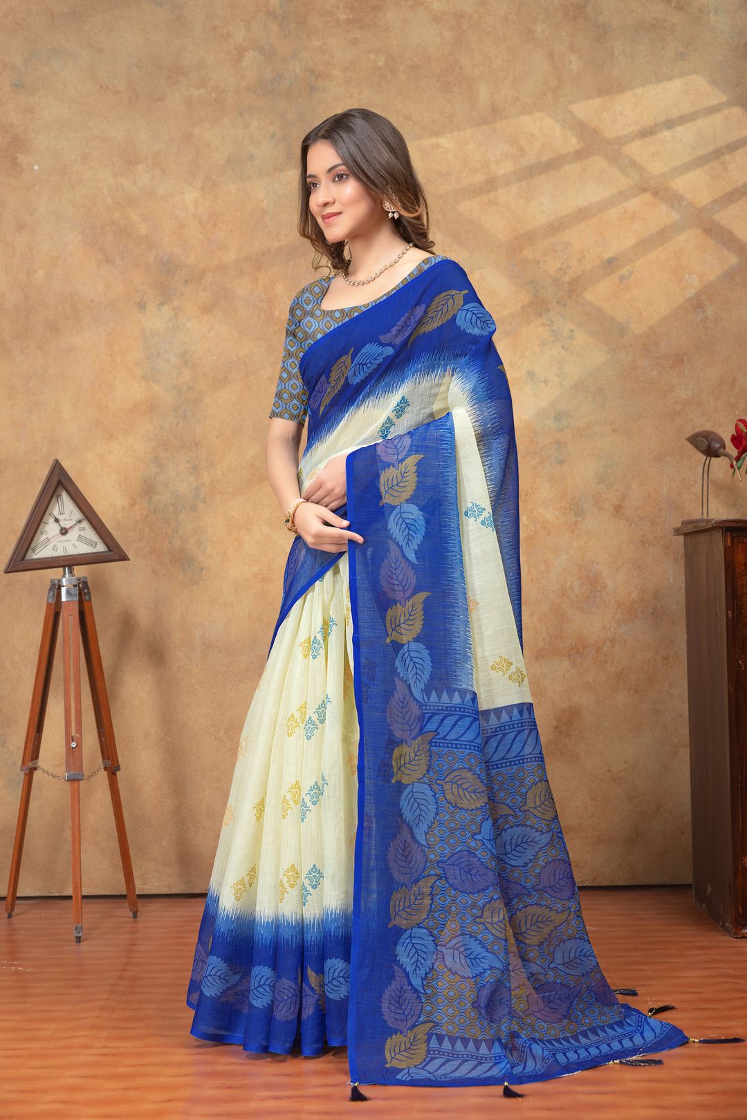 Blue Printed Satin Saree With Unstitched Blouse Online