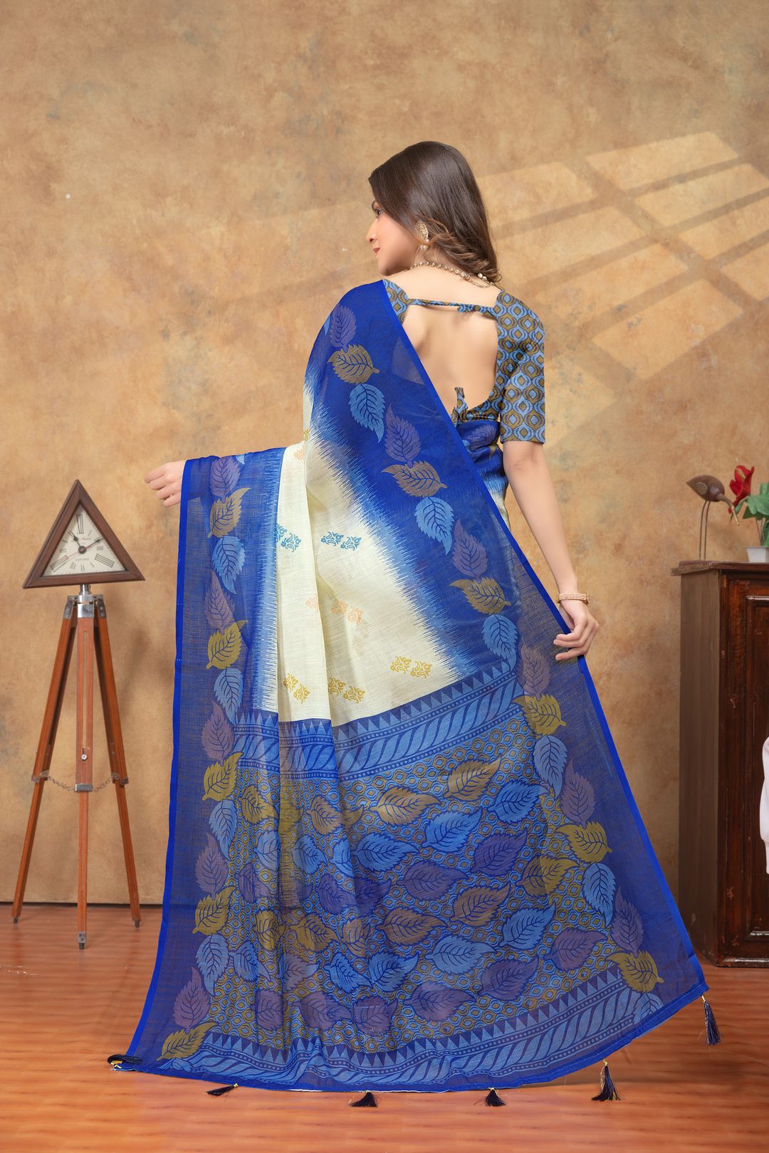 Blue Printed Satin Saree With Unstitched Blouse Online
