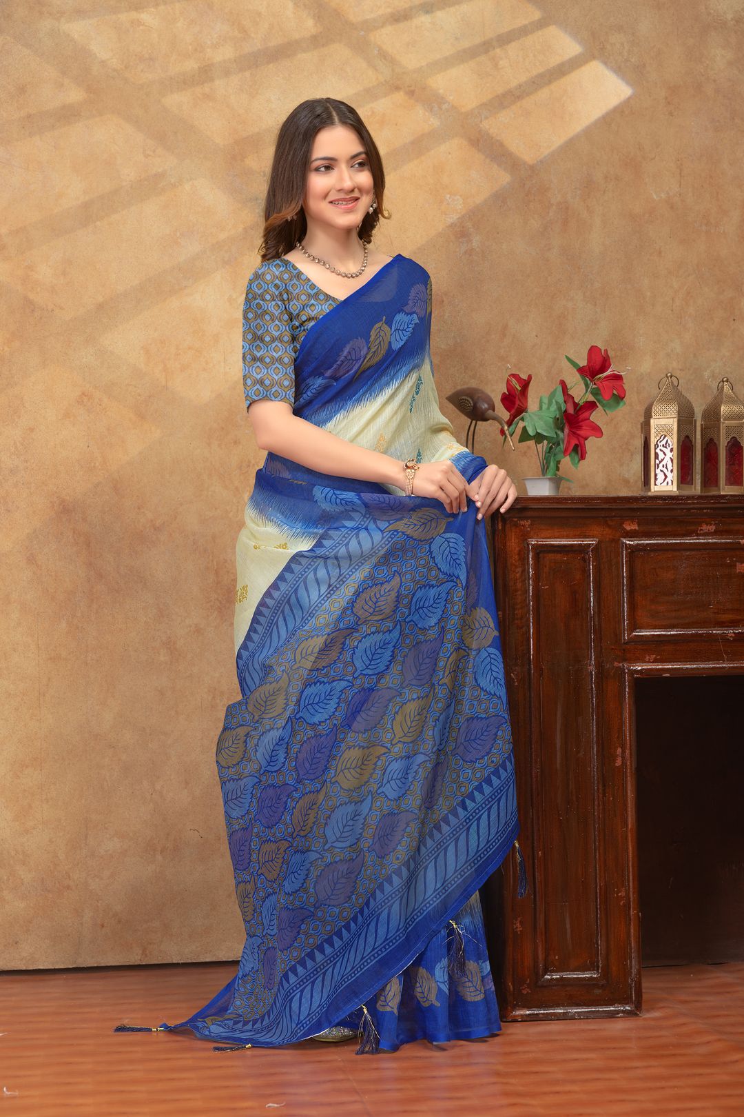 Blue Printed Satin Saree With Unstitched Blouse Online