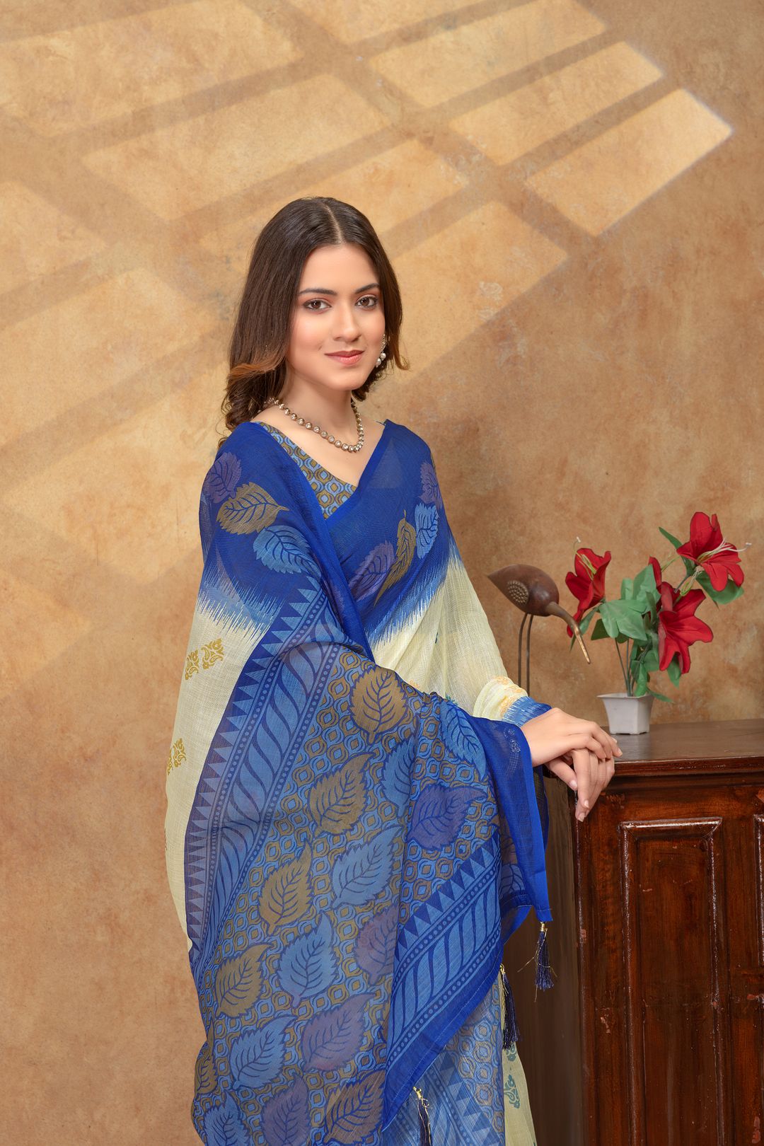 Blue Printed Satin Saree With Unstitched Blouse Online