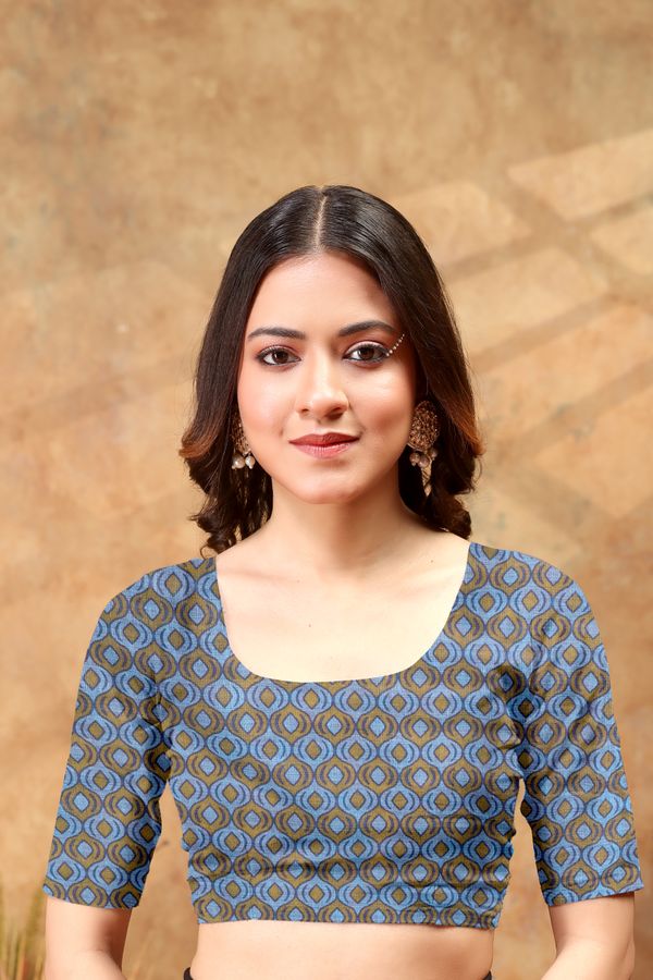 Blue Printed Satin Saree With Unstitched Blouse Online