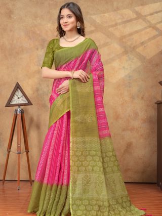 Olive Green Pink Satin Saree with Printed Border Online