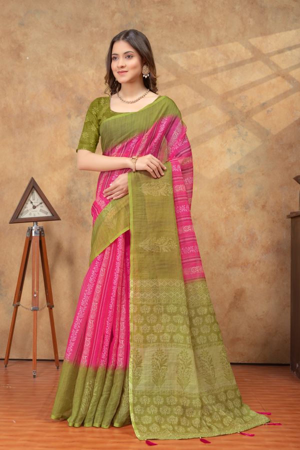 Olive Green Pink Satin Saree with Printed Border Online