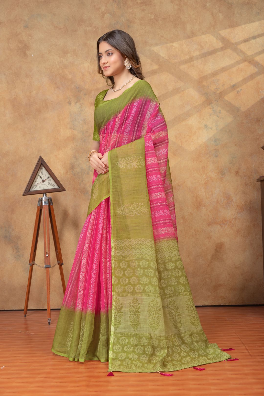 Olive Green Pink Satin Saree with Printed Border Online