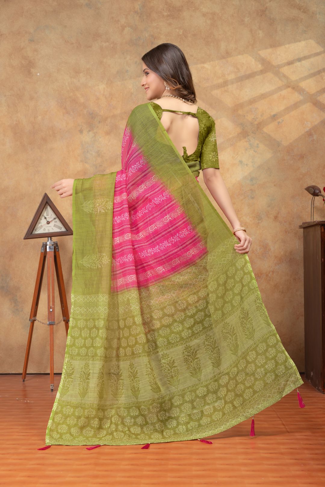 Olive Green Pink Satin Saree with Printed Border Online