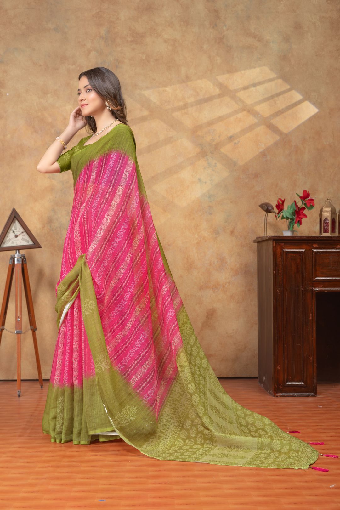 Olive Green Pink Satin Saree with Printed Border Online