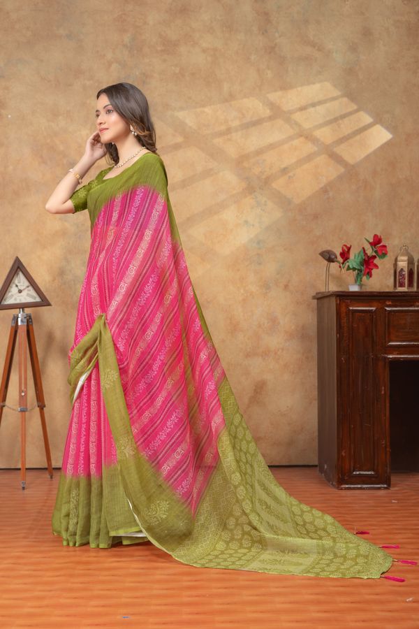 Olive Green Pink Satin Saree with Printed Border Online