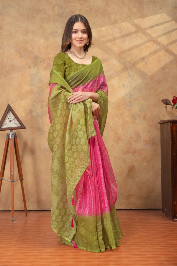 Olive Green Pink Satin Saree with Printed Border Online