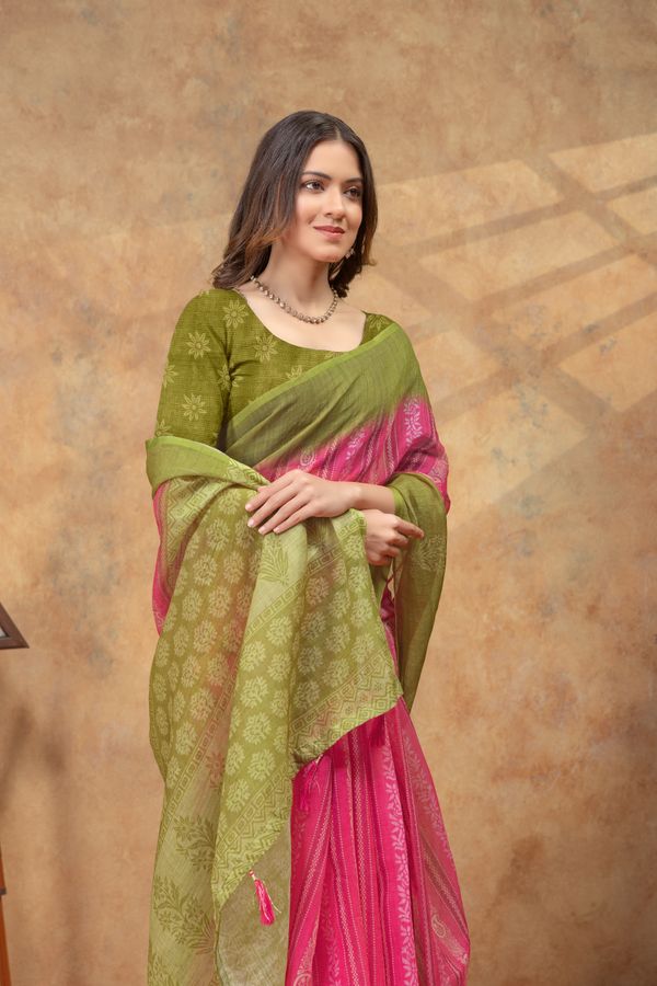 Olive Green Pink Satin Saree with Printed Border Online