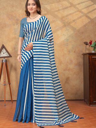 Royal Blue Striped Satin Saree with Blouse Piece Online