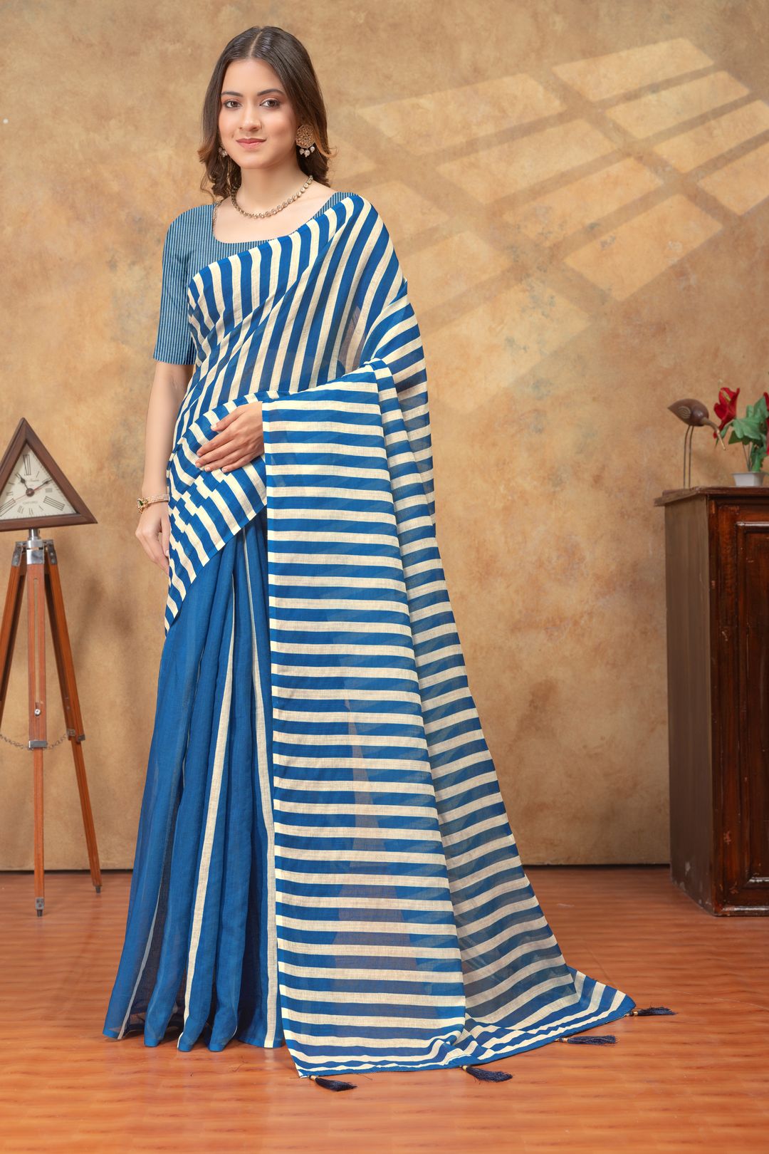 Royal Blue Striped Satin Saree with Blouse Piece Online
