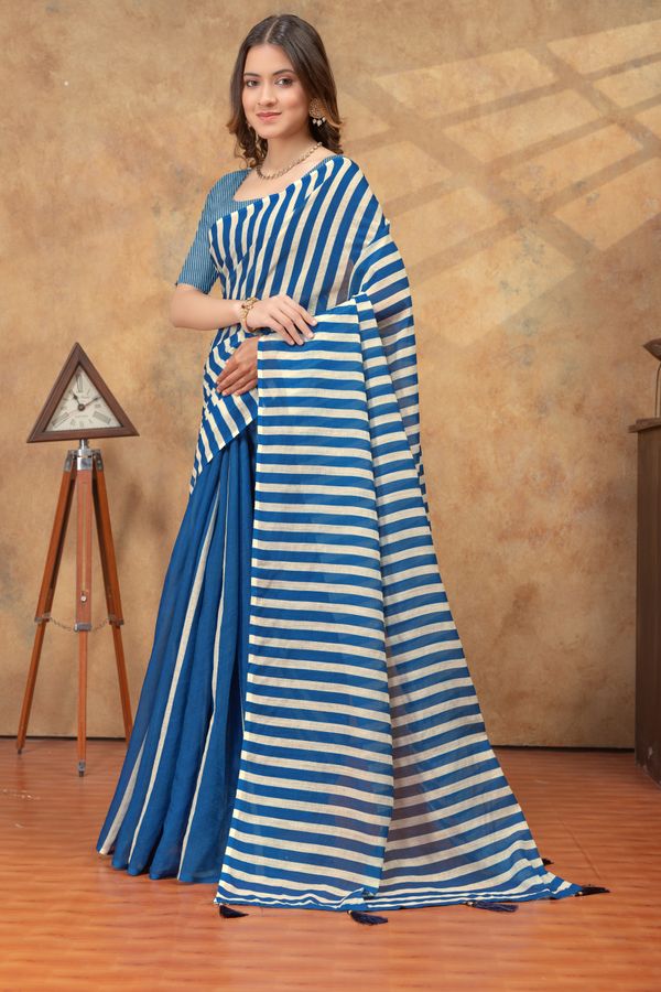 Royal Blue Striped Satin Saree with Blouse Piece Online