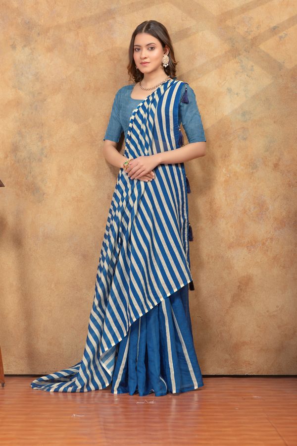 Royal Blue Striped Satin Saree with Blouse Piece Online