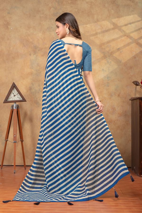 Royal Blue Striped Satin Saree with Blouse Piece Online