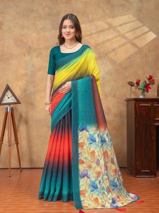 Teal Yellow Satin Saree with Floral Pallu Online India