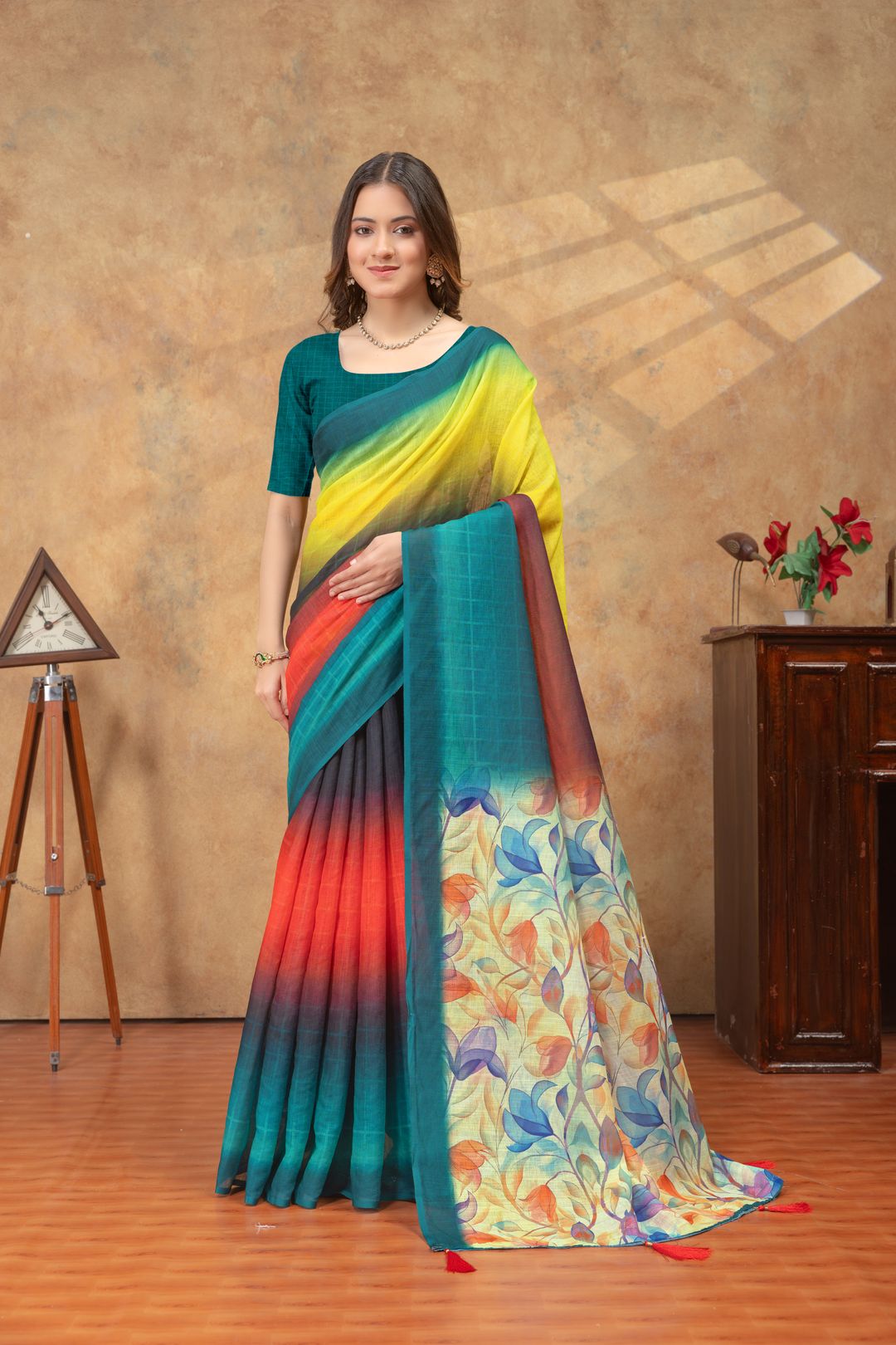 Teal Yellow Satin Saree with Floral Pallu Online India