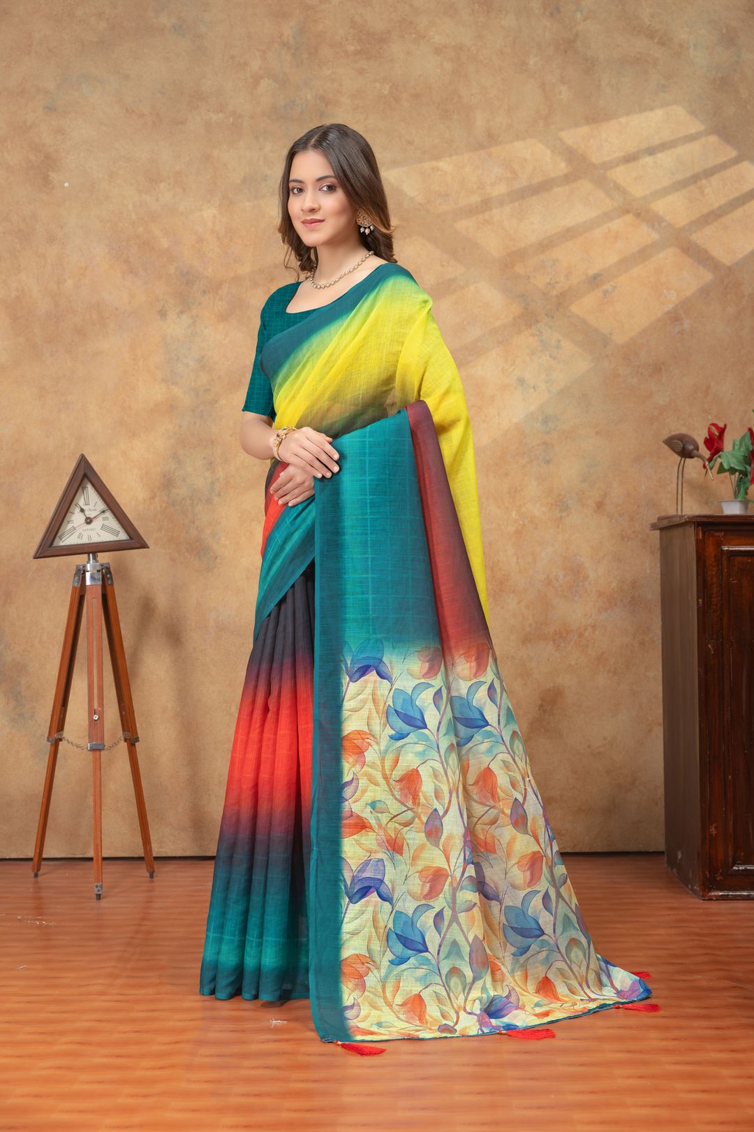 Teal Yellow Satin Saree with Floral Pallu Online India