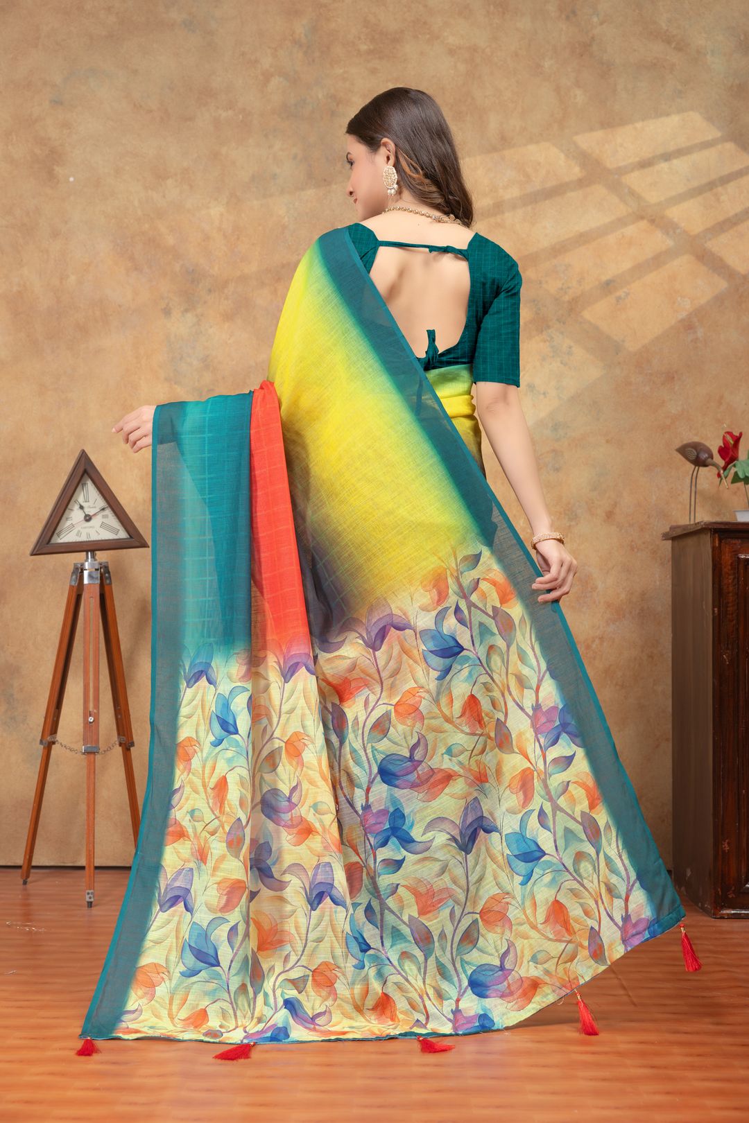 Teal Yellow Satin Saree with Floral Pallu Online India