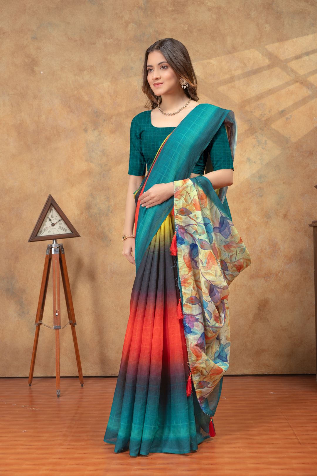 Teal Yellow Satin Saree with Floral Pallu Online India
