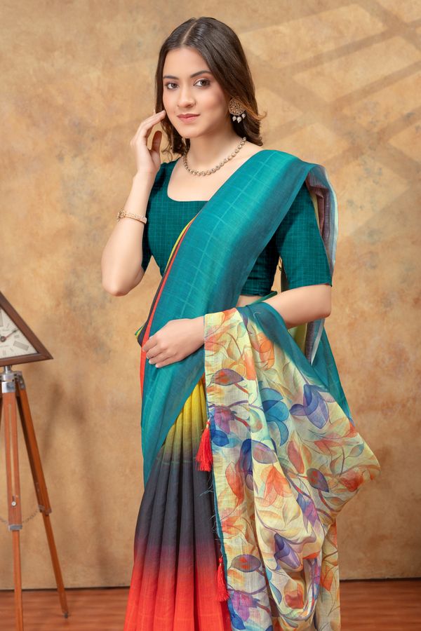 Teal Yellow Satin Saree with Floral Pallu Online India