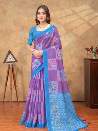 Purple Blue Floral Print Satin Saree with Designer Border