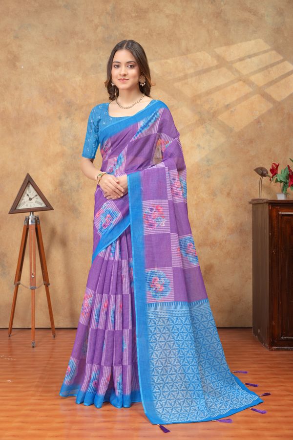 Purple Blue Floral Print Satin Saree with Designer Border
