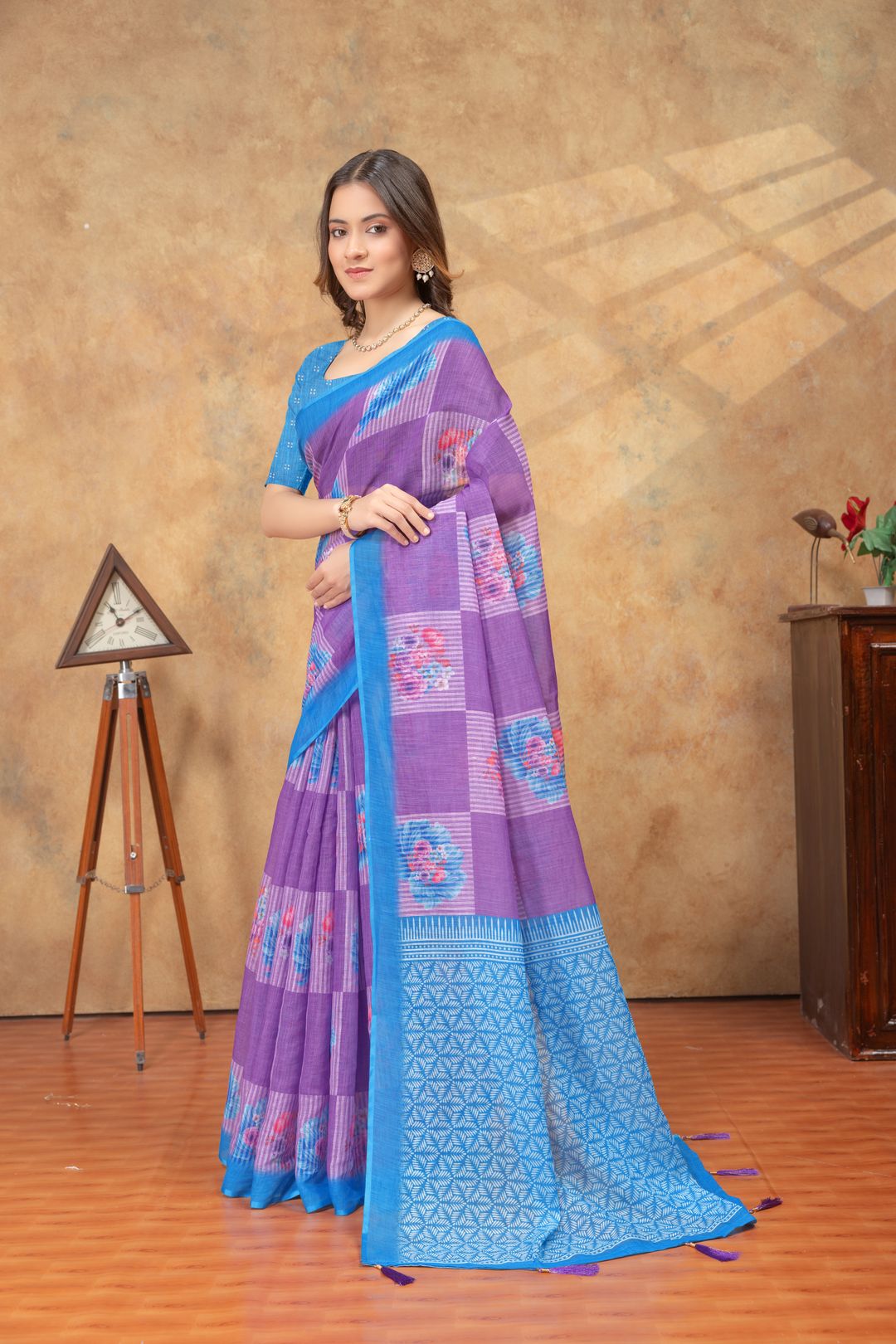 Purple Blue Floral Print Satin Saree with Designer Border