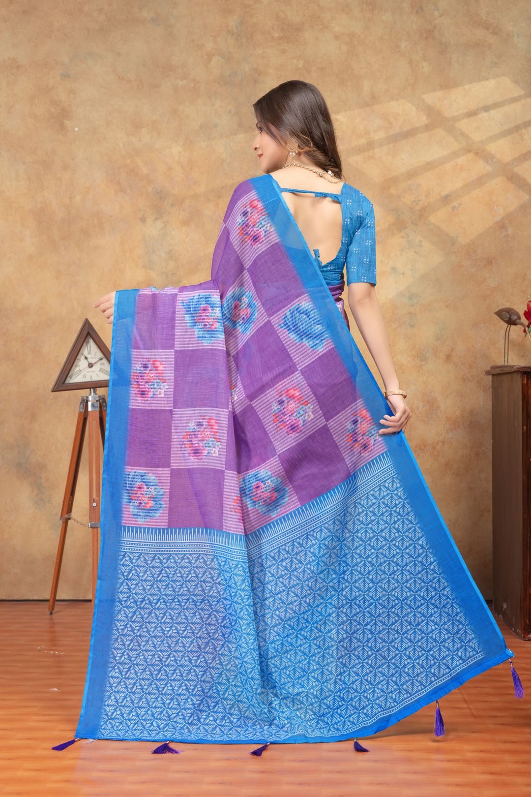 Purple Blue Floral Print Satin Saree with Designer Border