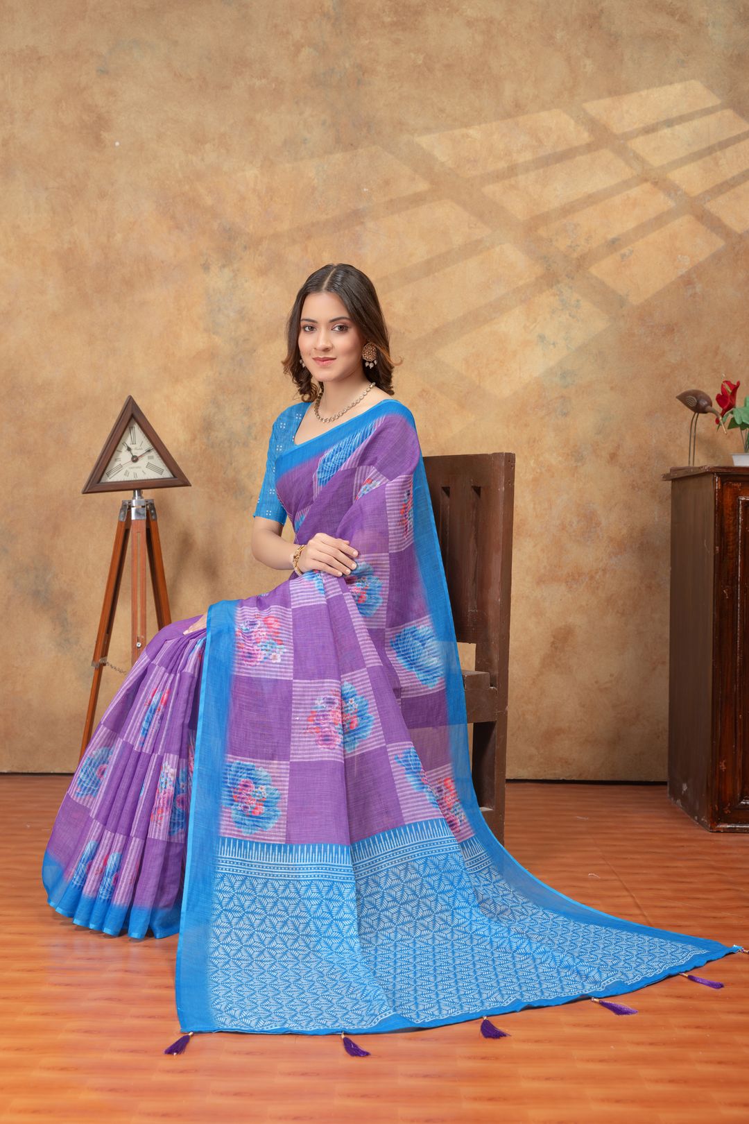 Purple Blue Floral Print Satin Saree with Designer Border