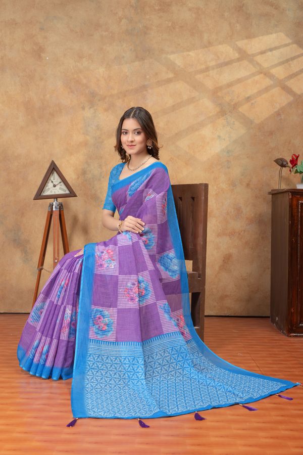 Purple Blue Floral Print Satin Saree with Designer Border