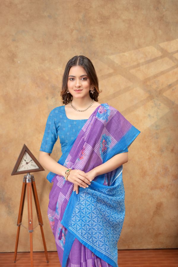 Purple Blue Floral Print Satin Saree with Designer Border