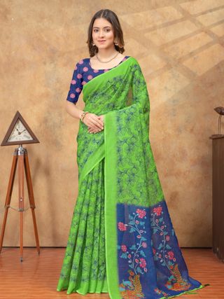 Green Floral Linen Cotton Saree with Blue Printed Pallu