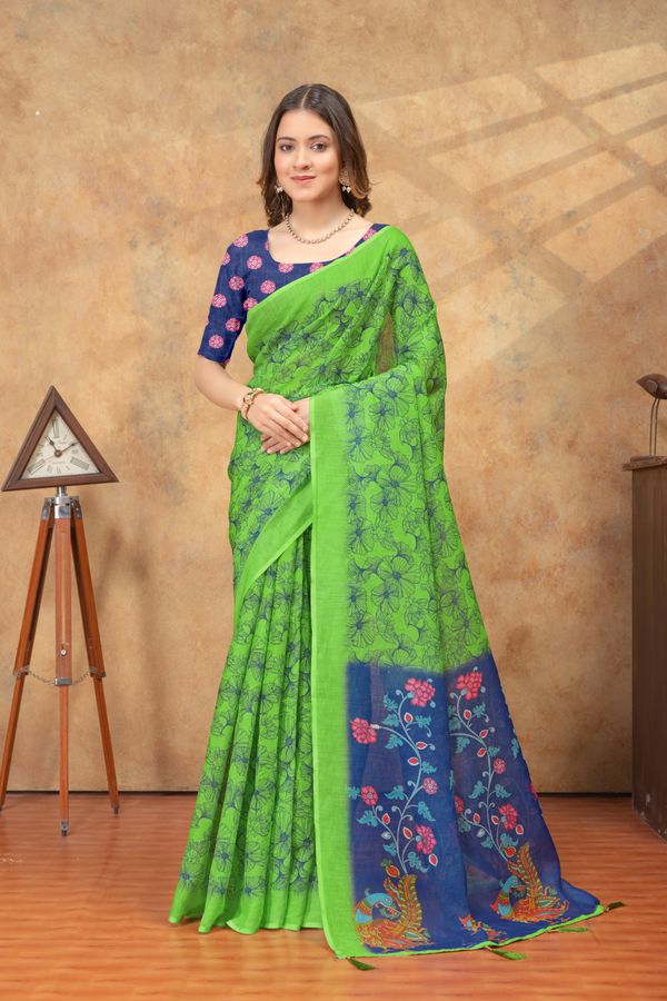 Green Floral Linen Cotton Saree with Blue Printed Pallu