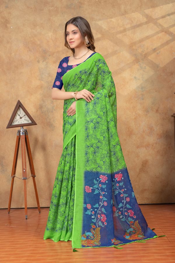 Green Floral Linen Cotton Saree with Blue Printed Pallu