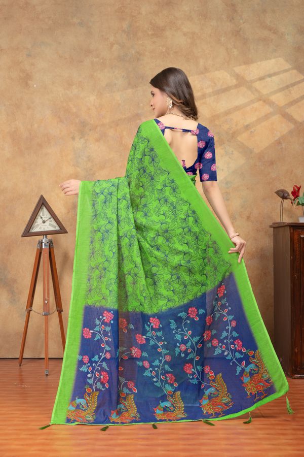 Green Floral Linen Cotton Saree with Blue Printed Pallu