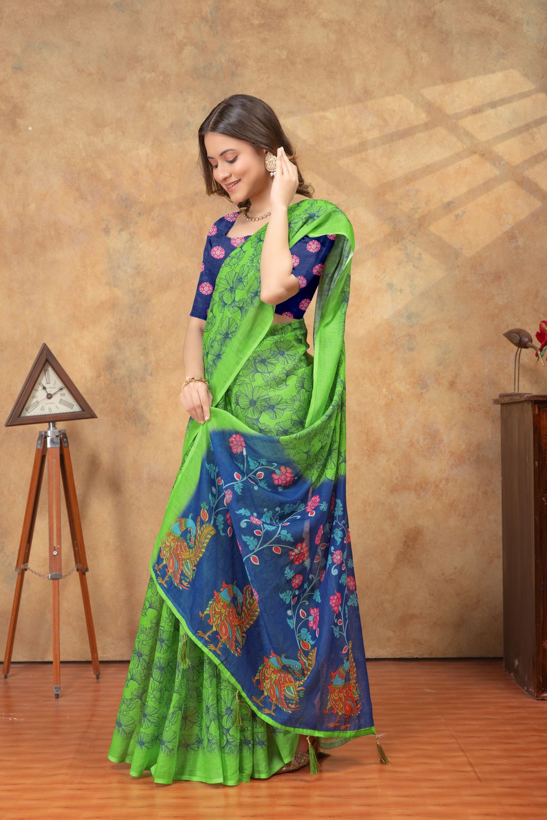 Green Floral Linen Cotton Saree with Blue Printed Pallu