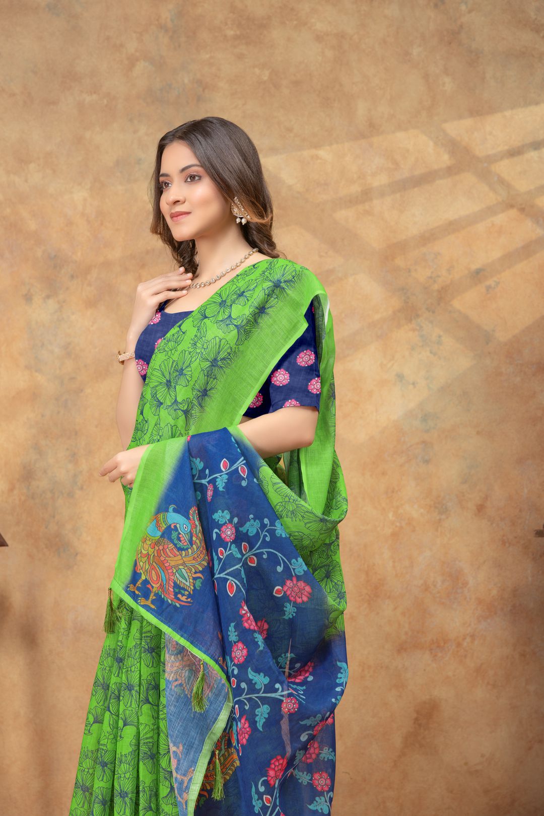 Green Floral Linen Cotton Saree with Blue Printed Pallu
