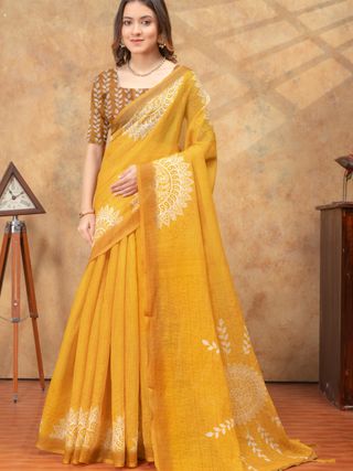 Mustard Yellow Floral Linen Cotton Saree with Printed Pallu