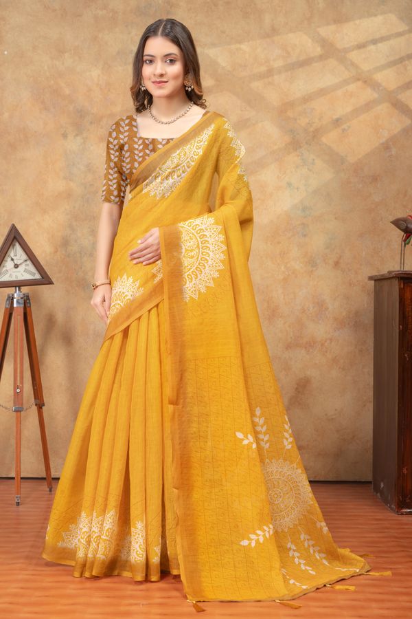 Mustard Yellow Floral Linen Cotton Saree with Printed Pallu
