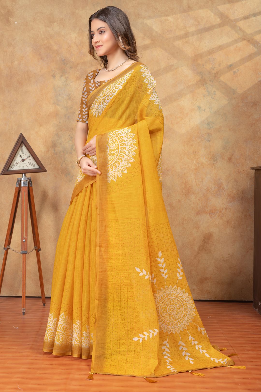 Mustard Yellow Floral Linen Cotton Saree with Printed Pallu