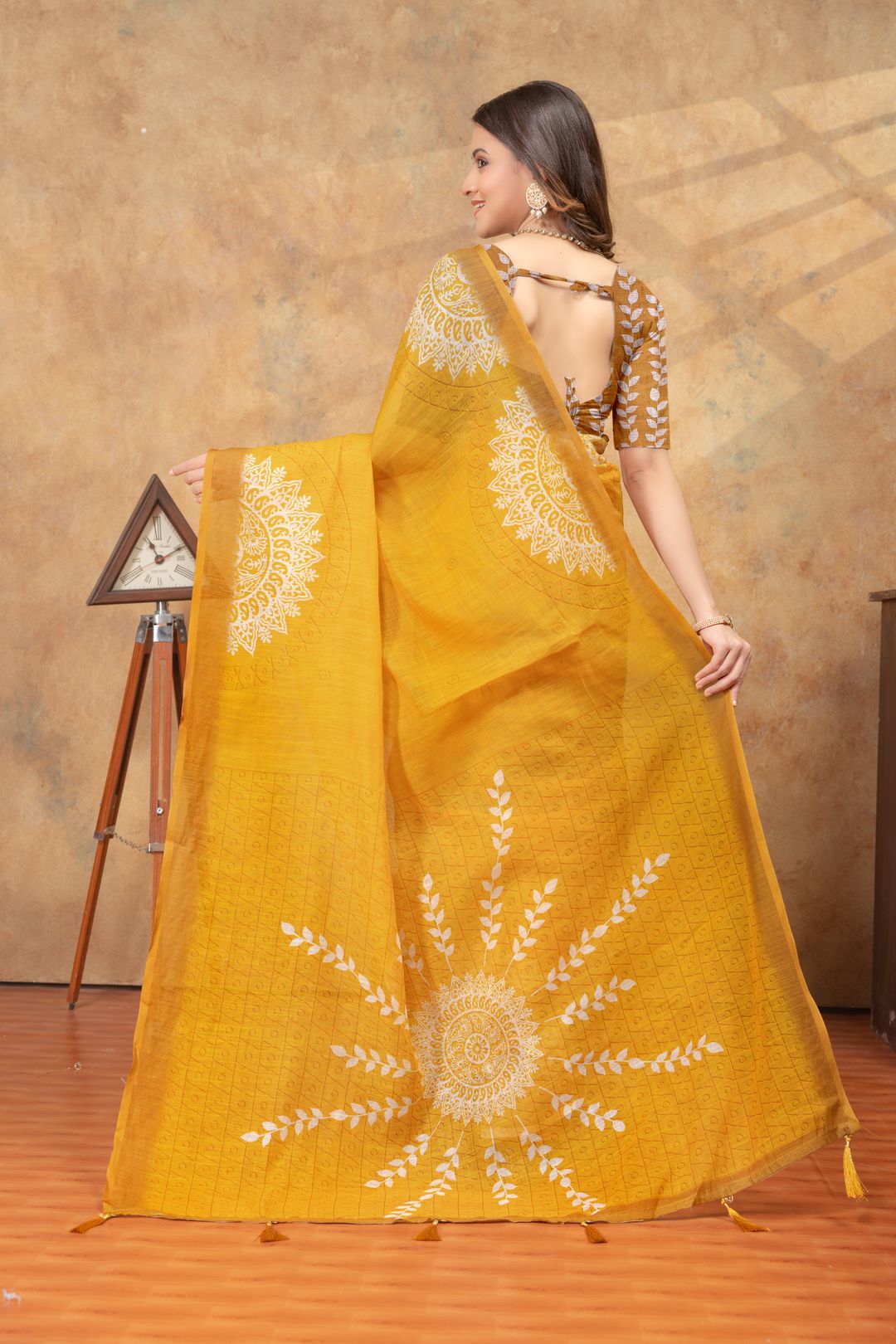 Mustard Yellow Floral Linen Cotton Saree with Printed Pallu