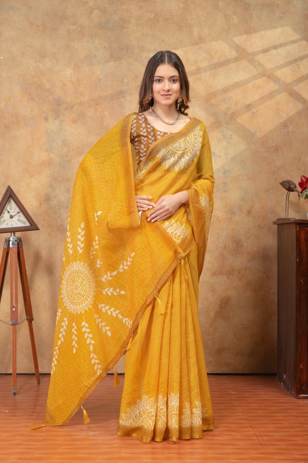 Mustard Yellow Floral Linen Cotton Saree with Printed Pallu
